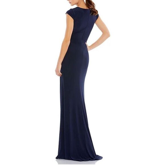 Mac Duggal Cap Sleeve Twist Front Jersey Column Gown in Navy NWOT Size 8 - Picture 2 of 6